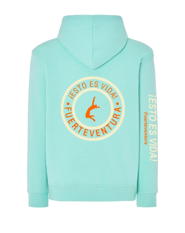 9 sudadera menta con logo beige y naranja detrás