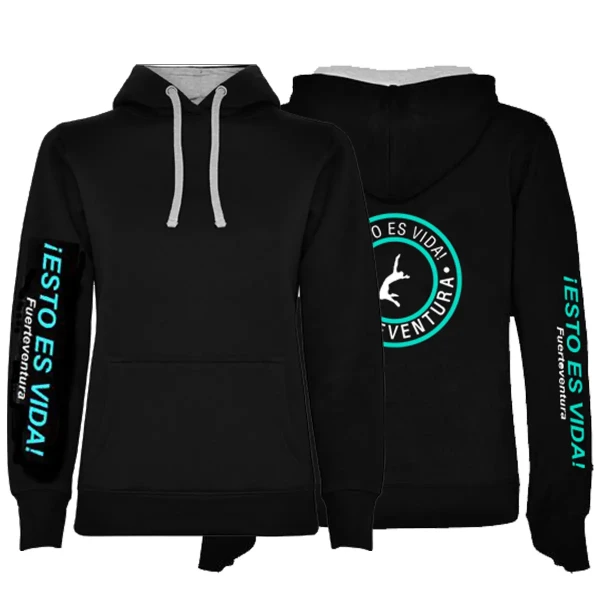 4 sudadera negra con turquesa y blanco detrás